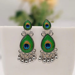 Tikka Shape Peacock Sticker Trendy Silver Oxidised Earrings