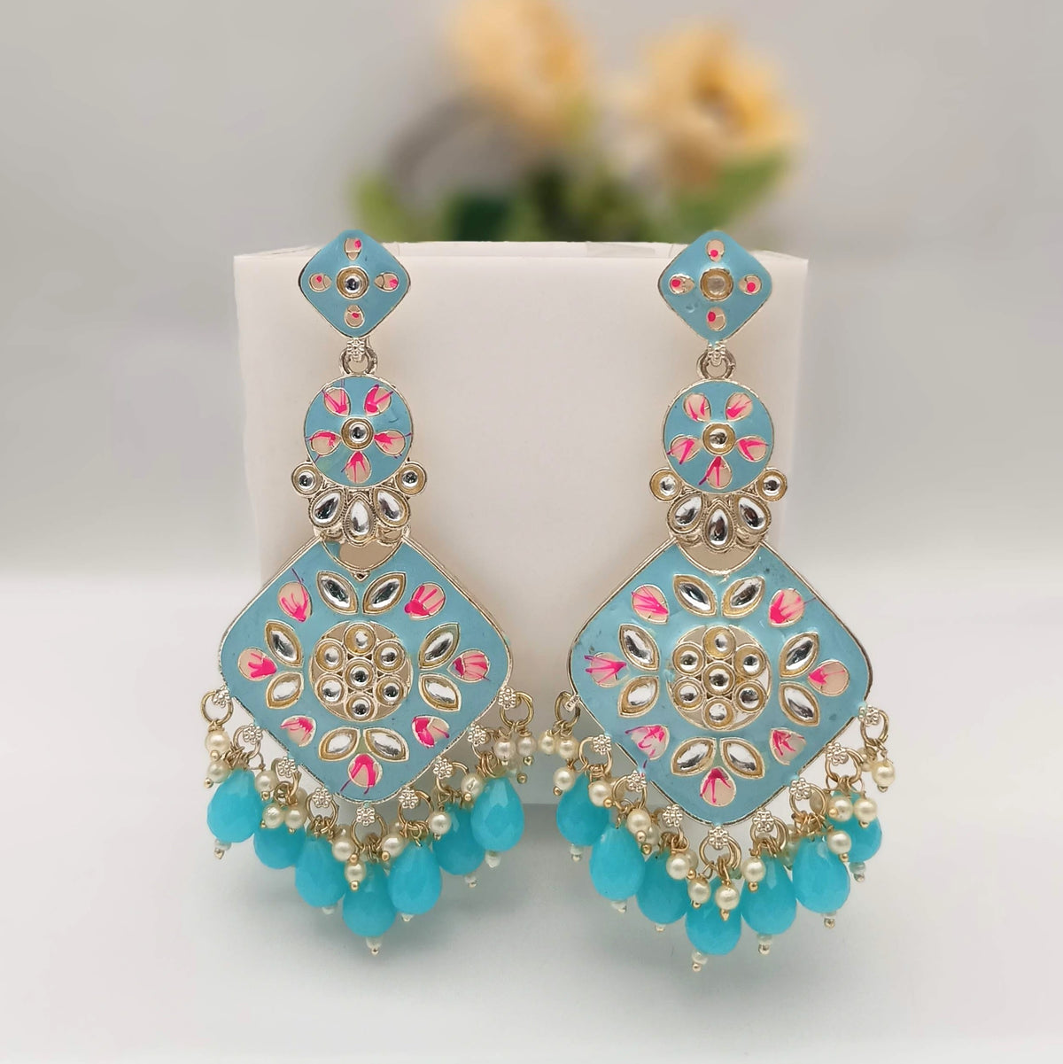Sky Blue Color Polki Kundan Traditional Golden Earrings
