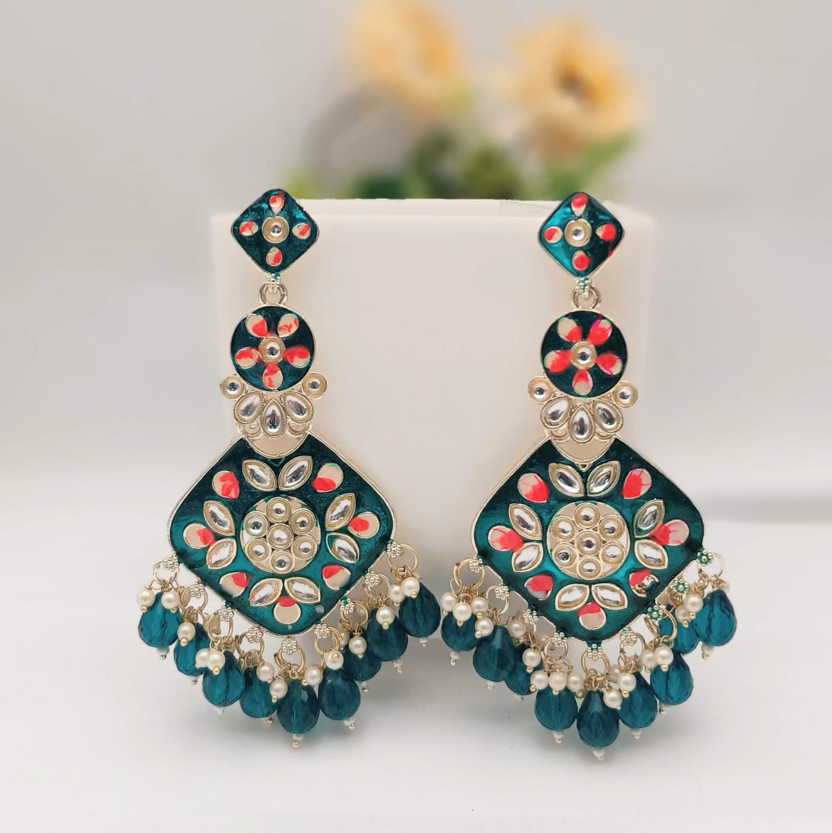 Teal Blue Color Polki Kundan Traditional Golden Earrings