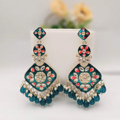 Teal Blue Color Polki Kundan Traditional Golden Earrings