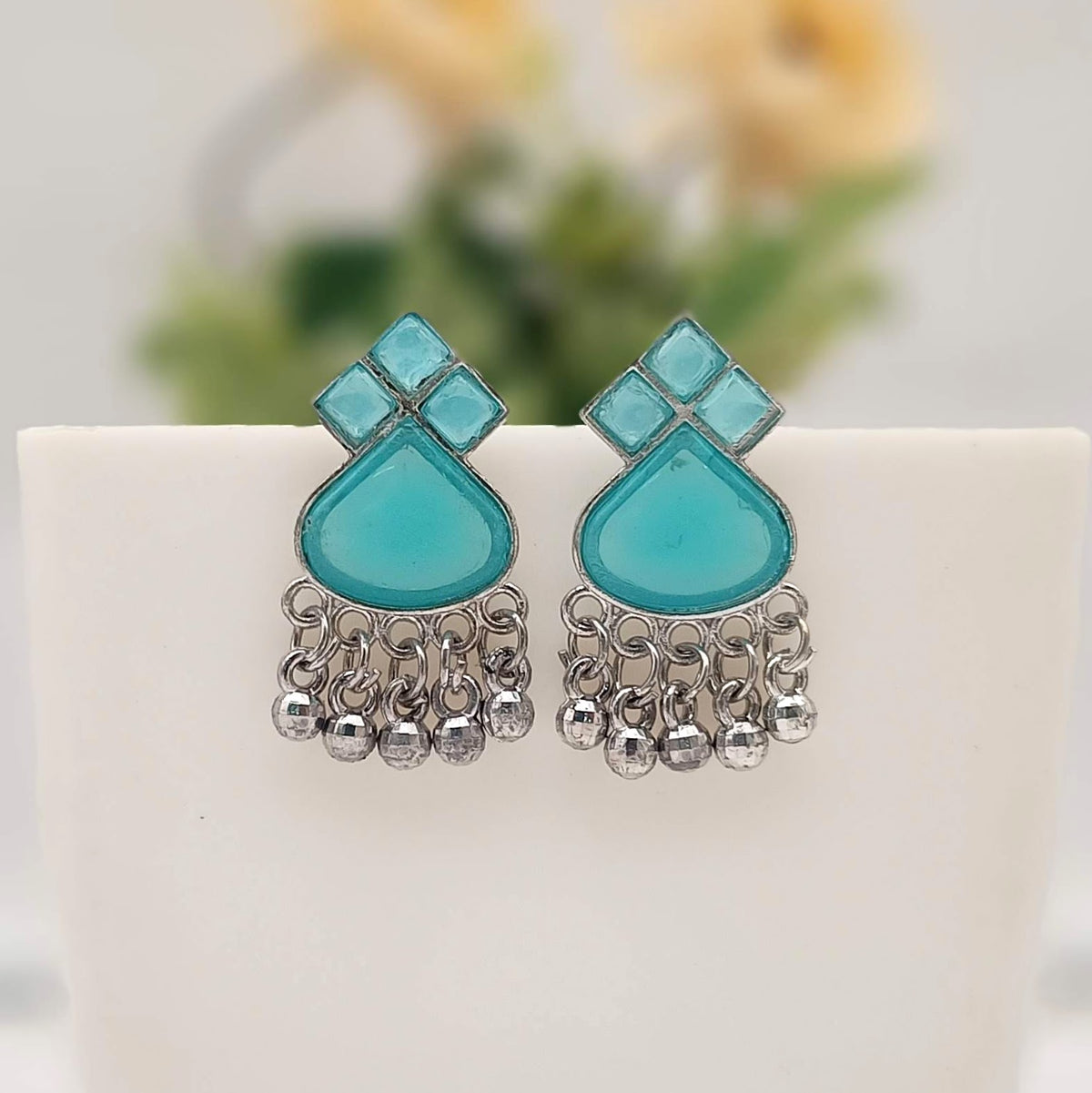 Sky Blue Color Stone Silver Oxidised Exclusive Earrings