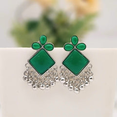 Green Color Stone Silver Oxidised Exclusive Earrings