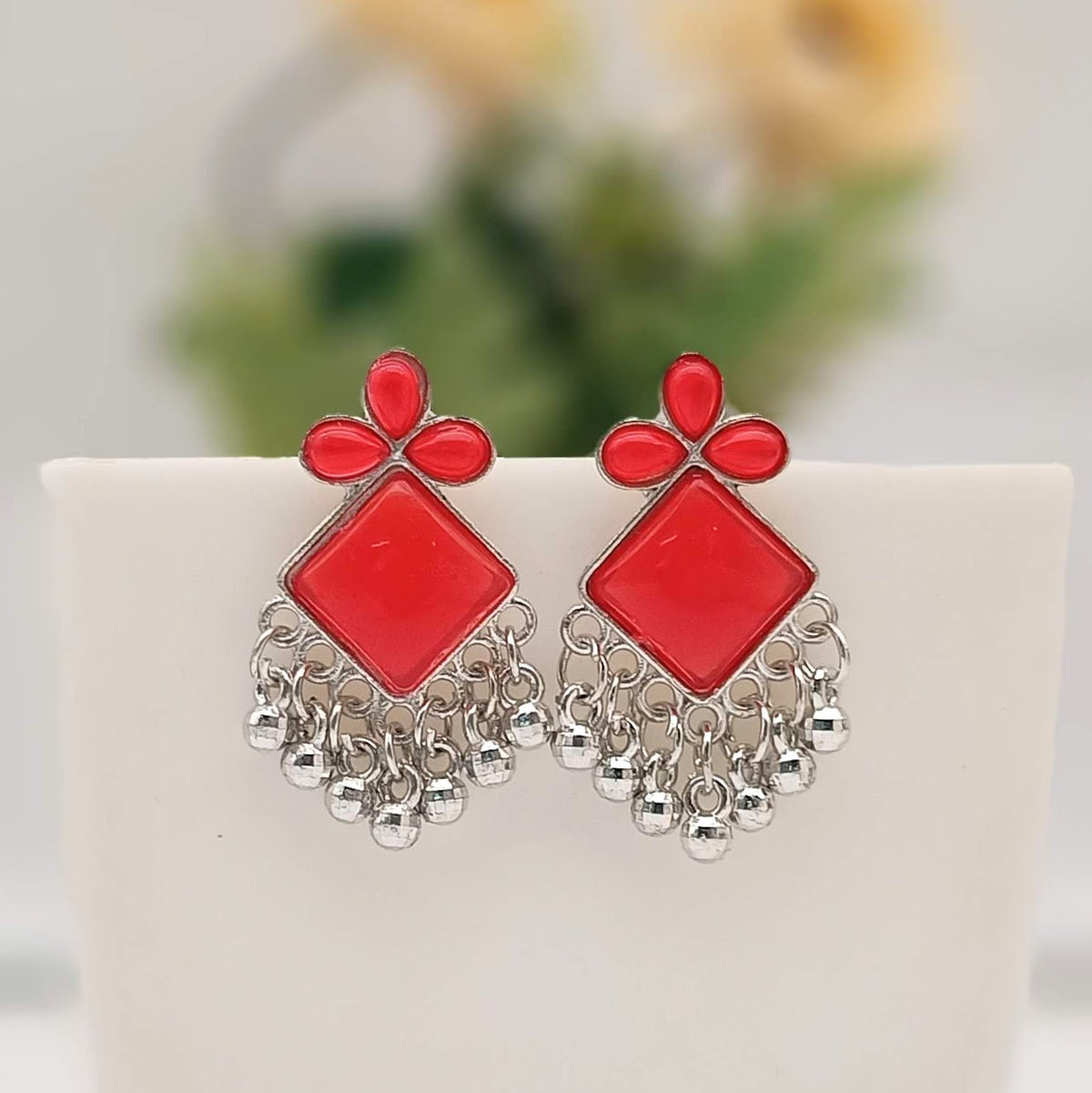 Red Color Stone Silver Oxidised Exclusive Earrings
