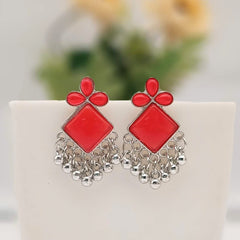 Red Color Stone Silver Oxidised Exclusive Earrings