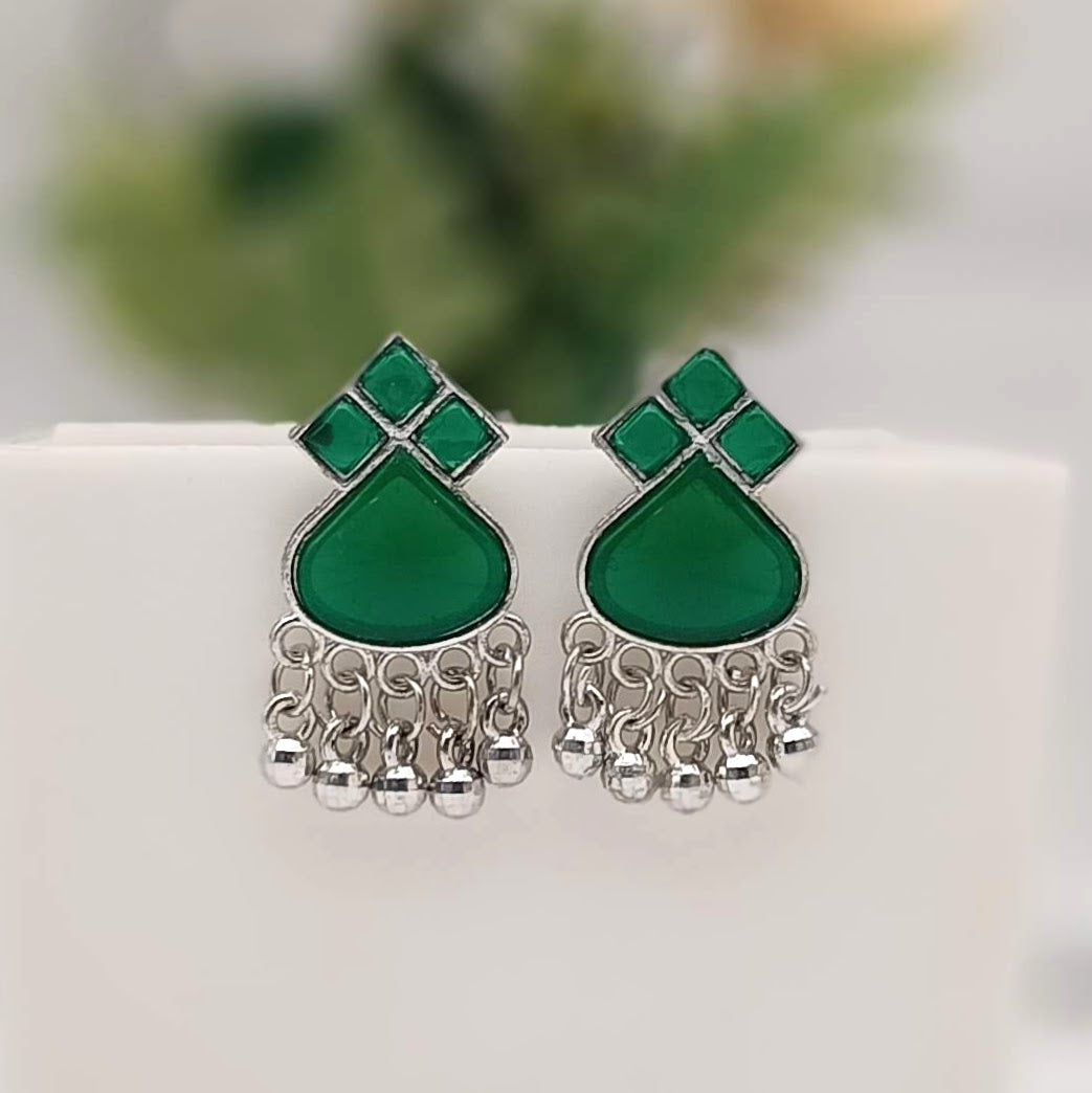 Green Color Stone Silver Oxidised Exclusive Cute Earrings