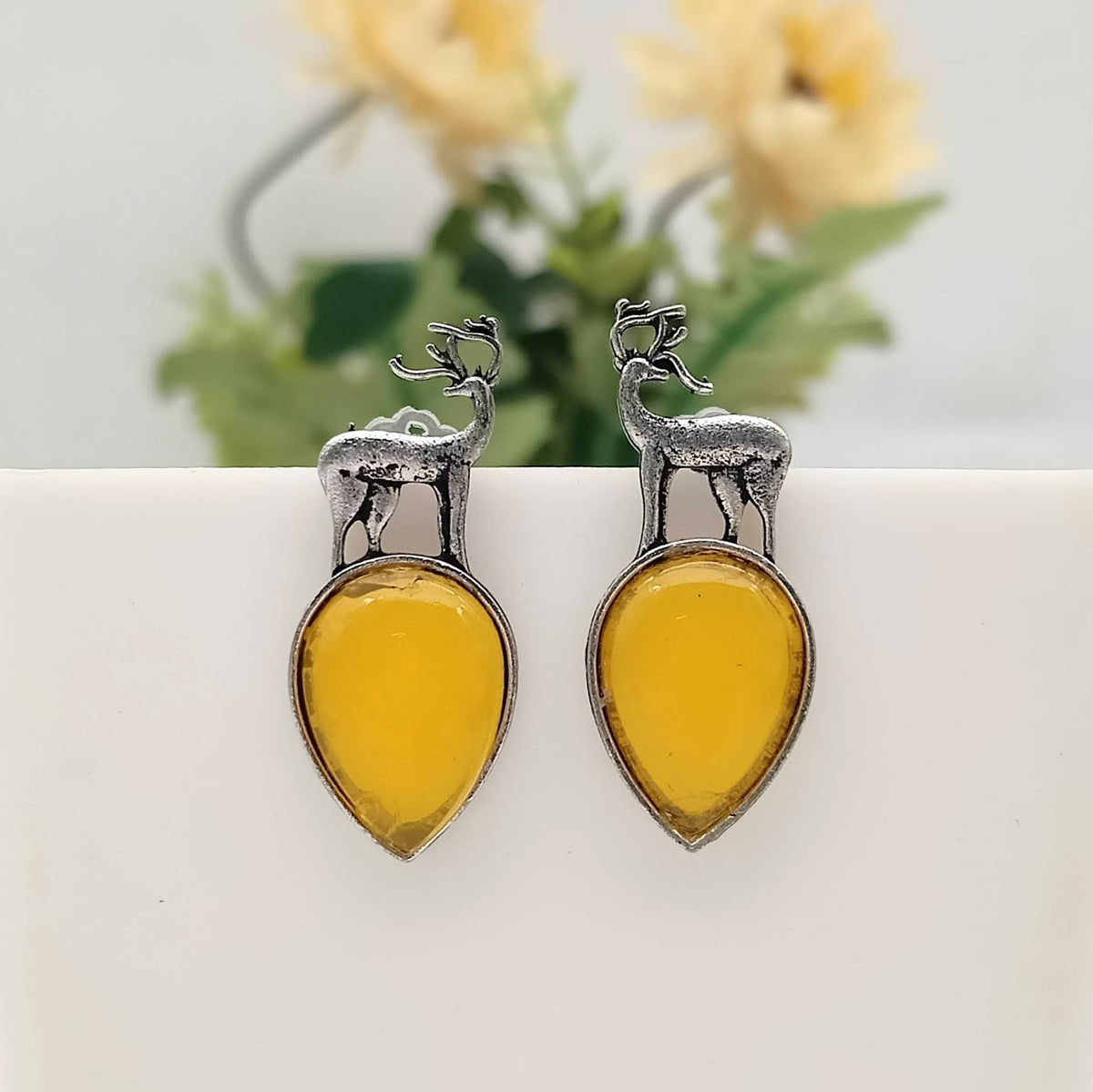 Yellow Color Stone Deer Shape Silver Oxidised Exclusive Cute Earrings