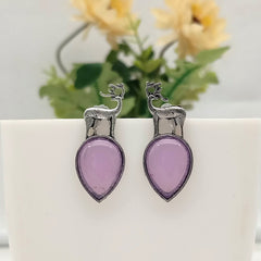 Purple Color Stone Deer Shape Silver Oxidised Exclusive Cute Earrings