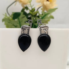Black Color Stone Deer Shape Silver Oxidised Exclusive Cute Earrings