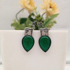Green Color Stone Deer Shape Silver Oxidised Exclusive Cute Earrings