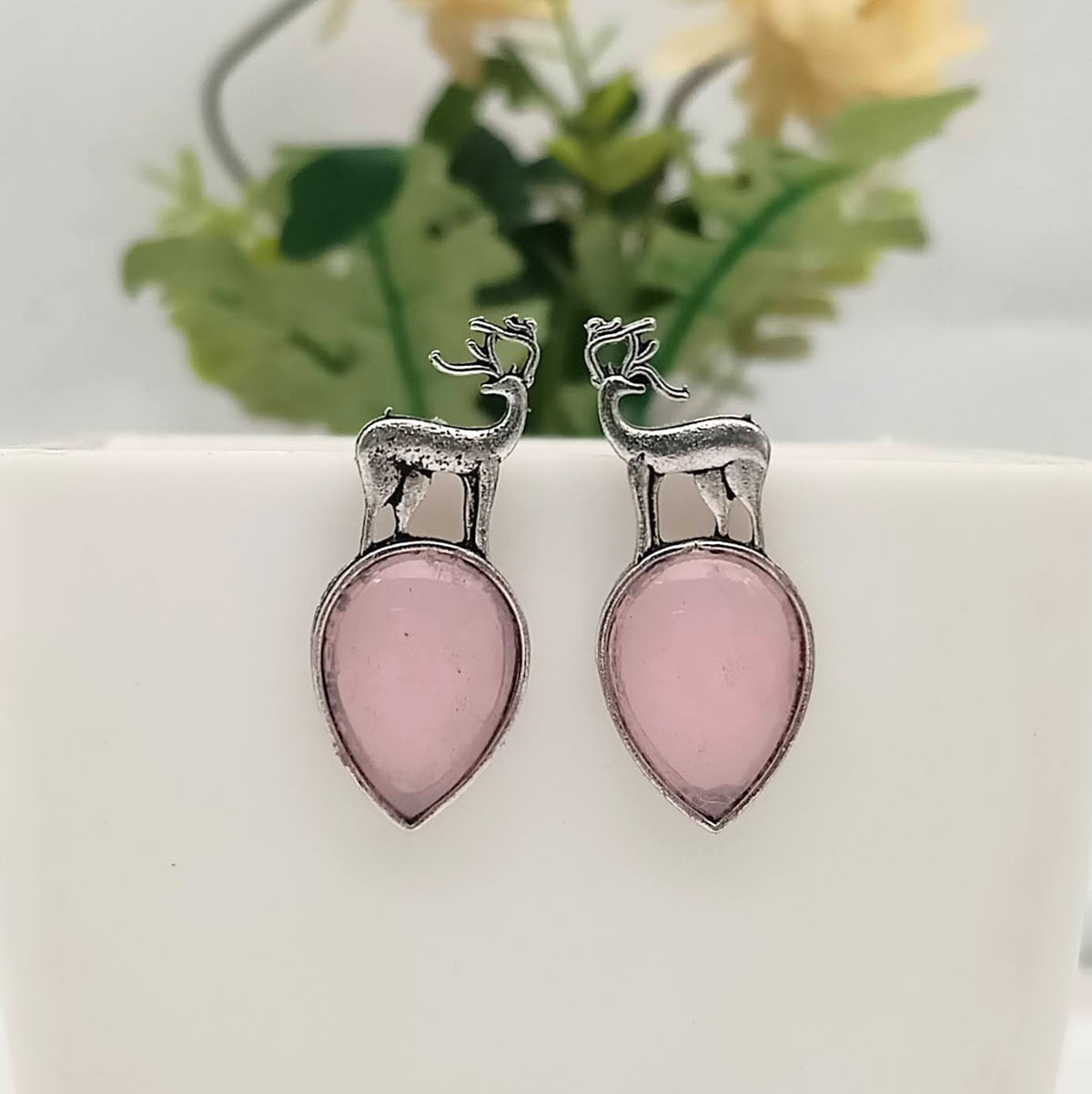 Baby Pink Color Stone Deer Shape Silver Oxidised Exclusive Earrings