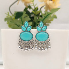 Blue Color Stone Oval Shape Silver Oxidised Exclusive Earrings