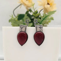 Dark Red Color Stone Deer Shape Silver Oxidised Exclusive Earrings
