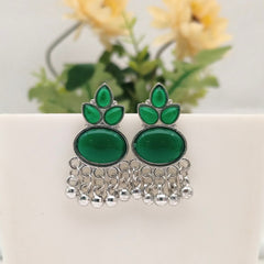 Green Color Stone Oval Shape Silver Oxidised Exclusive Earrings