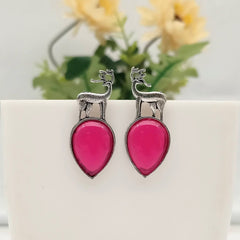 Rani Pink Color Stone Deer Shape Silver Oxidised Exclusive Earrings
