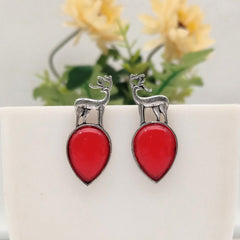 Red Color Stone Deer Shape Silver Oxidised Exclusive Earrings