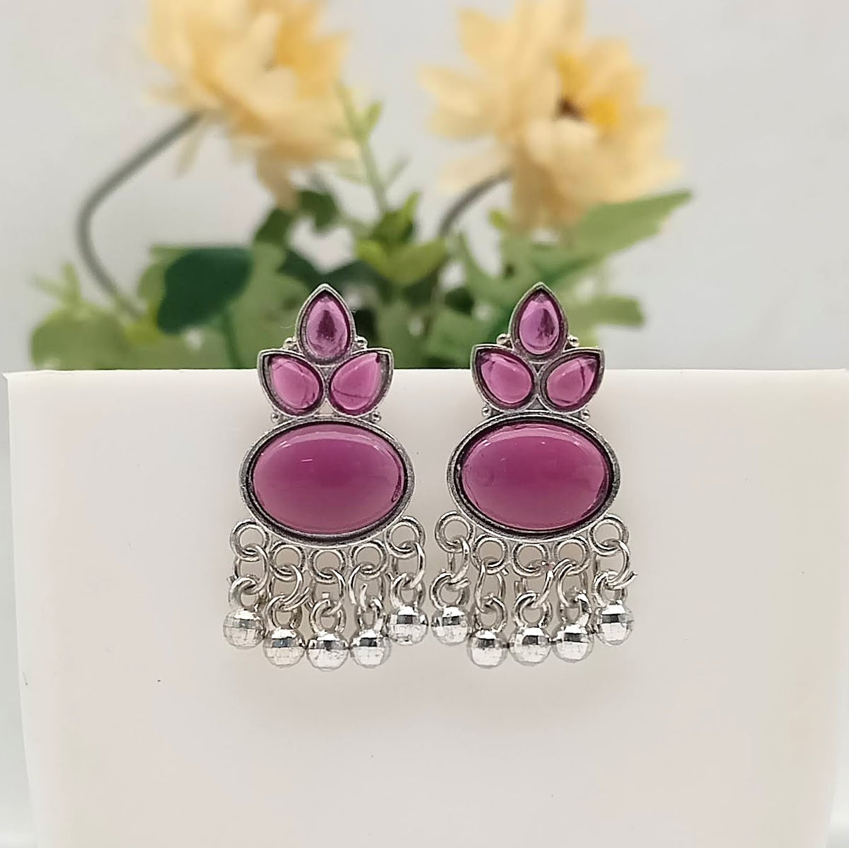 Purple Color Stone Oval Shape Silver Oxidised Exclusive Earrings