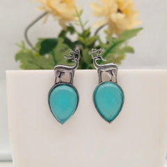 Ocean Blue Color Stone Deer Shape Silver Oxidised Exclusive Earrings