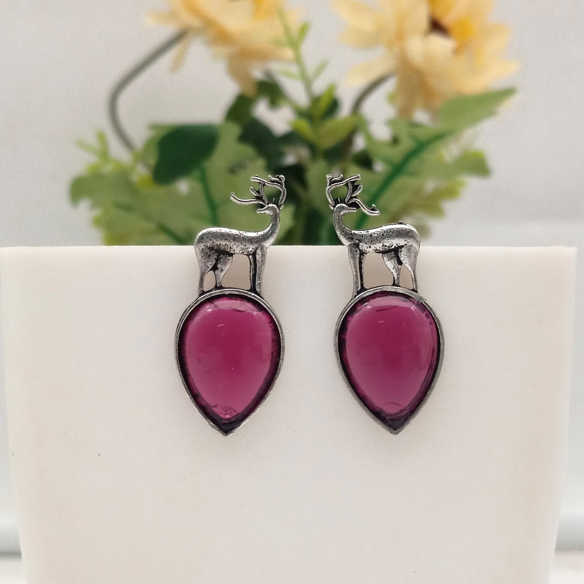 Dark Purple Color Stone Deer Shape Silver Oxidised Exclusive Earrings