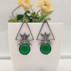 Green Color Triangle Floral Design Silver Oxidised Exclusive Earrings