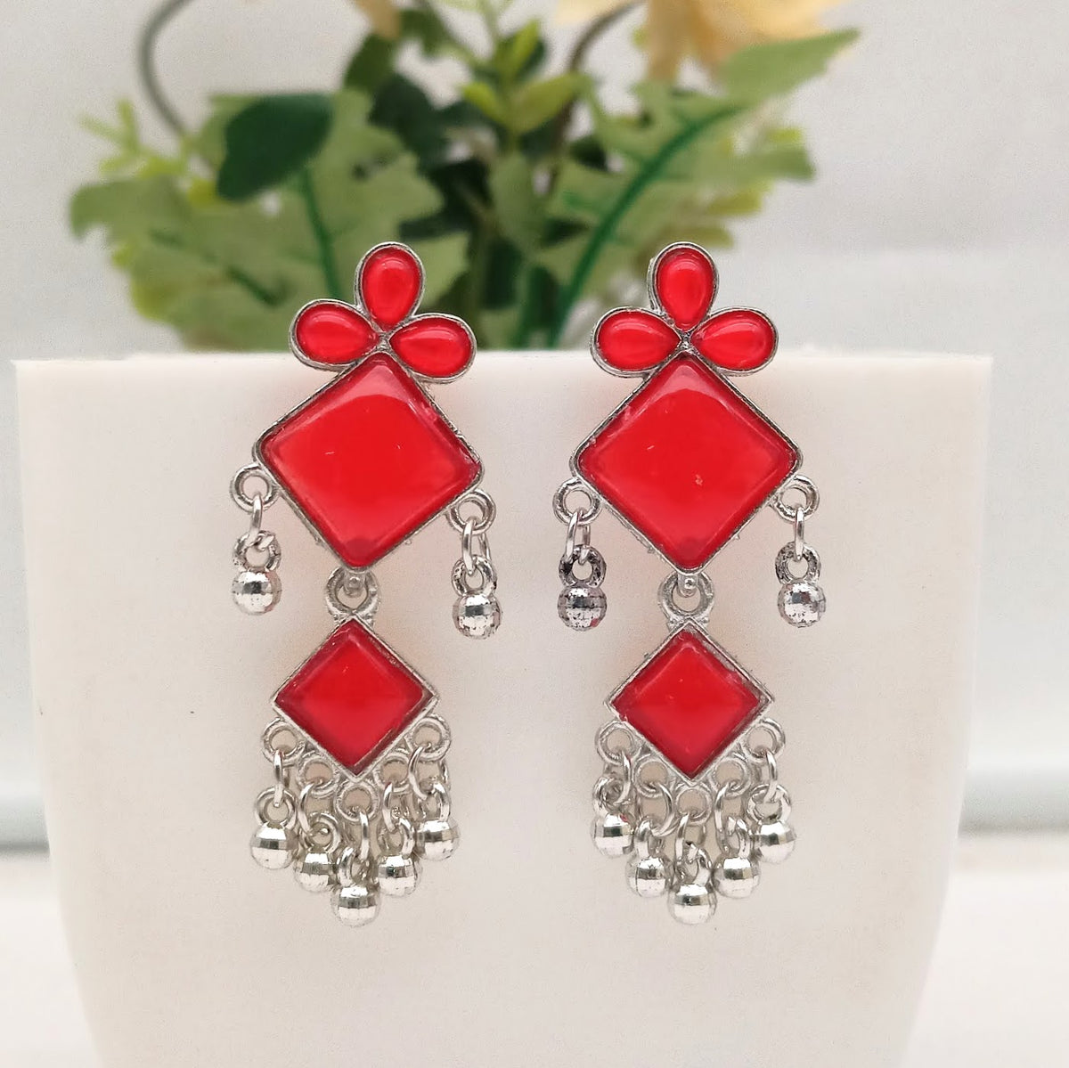 Red Color Floral Design Silver Oxidised Exclusive Earrings