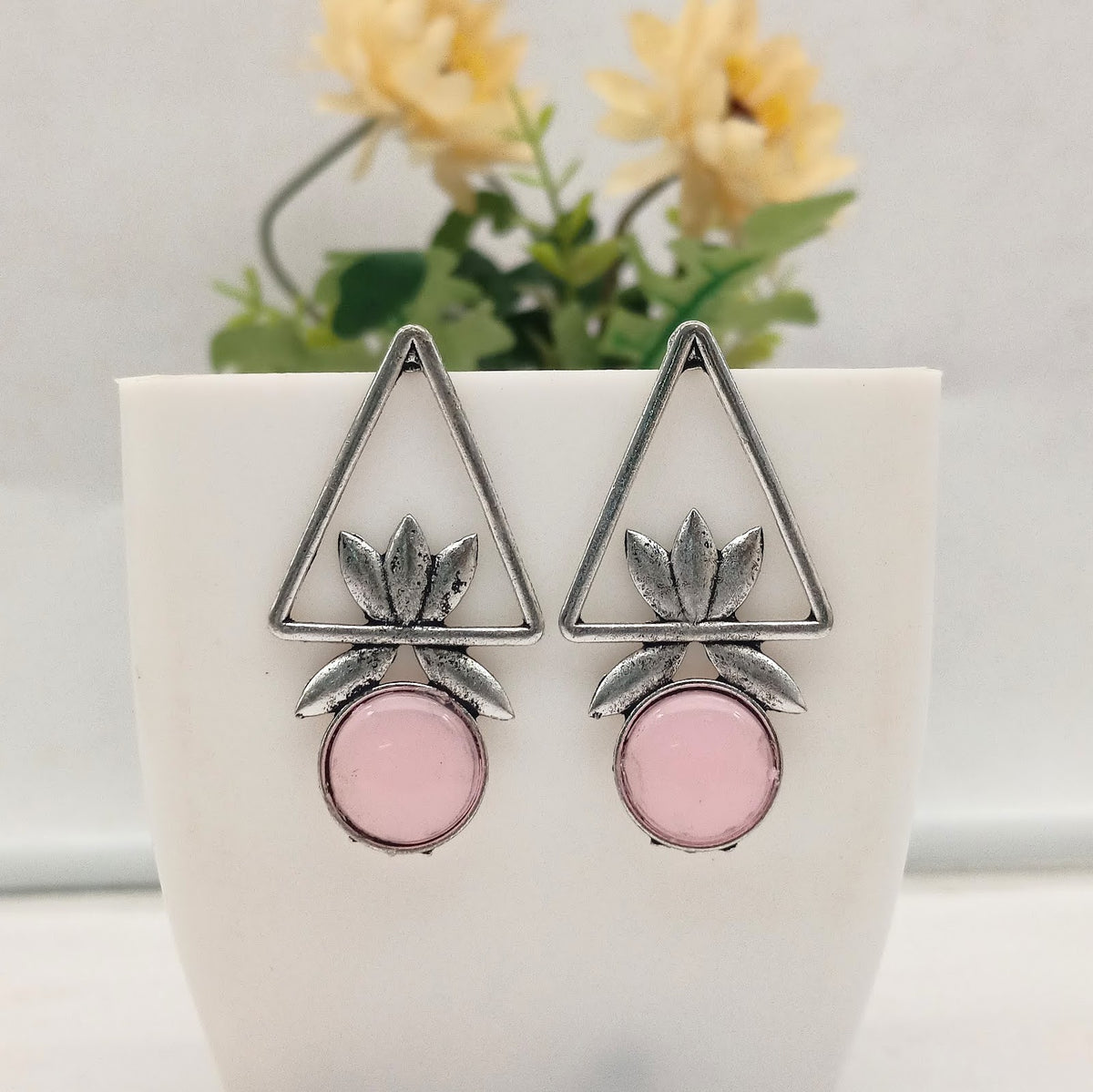 Baby Pink Color Triangle Floral Design Silver Oxidised Exclusive Earrings