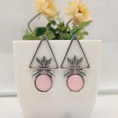 Baby Pink Color Triangle Floral Design Silver Oxidised Exclusive Earrings