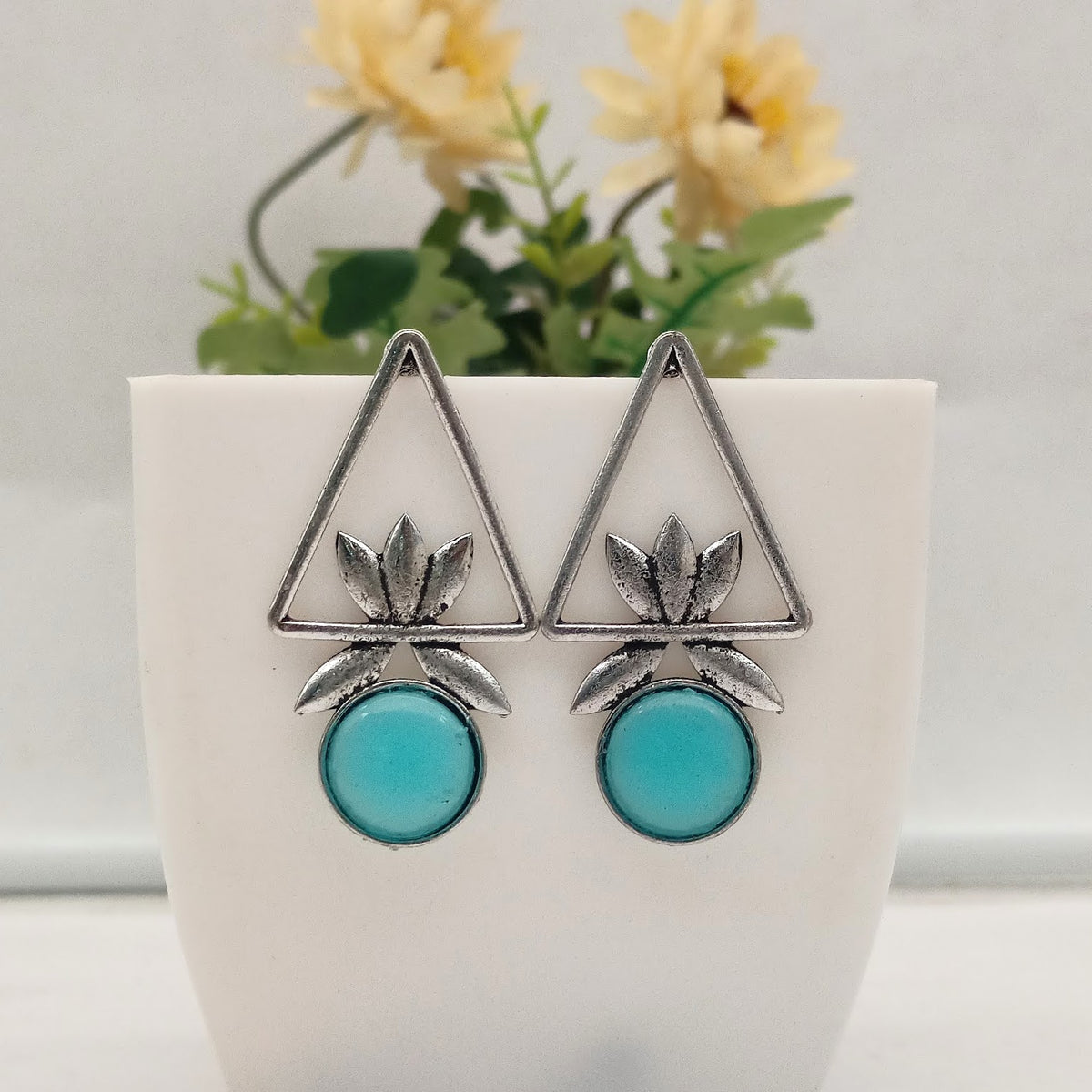 Blue Color Triangle Floral Design Silver Oxidised Exclusive Earrings