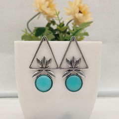 Blue Color Triangle Floral Design Silver Oxidised Exclusive Earrings