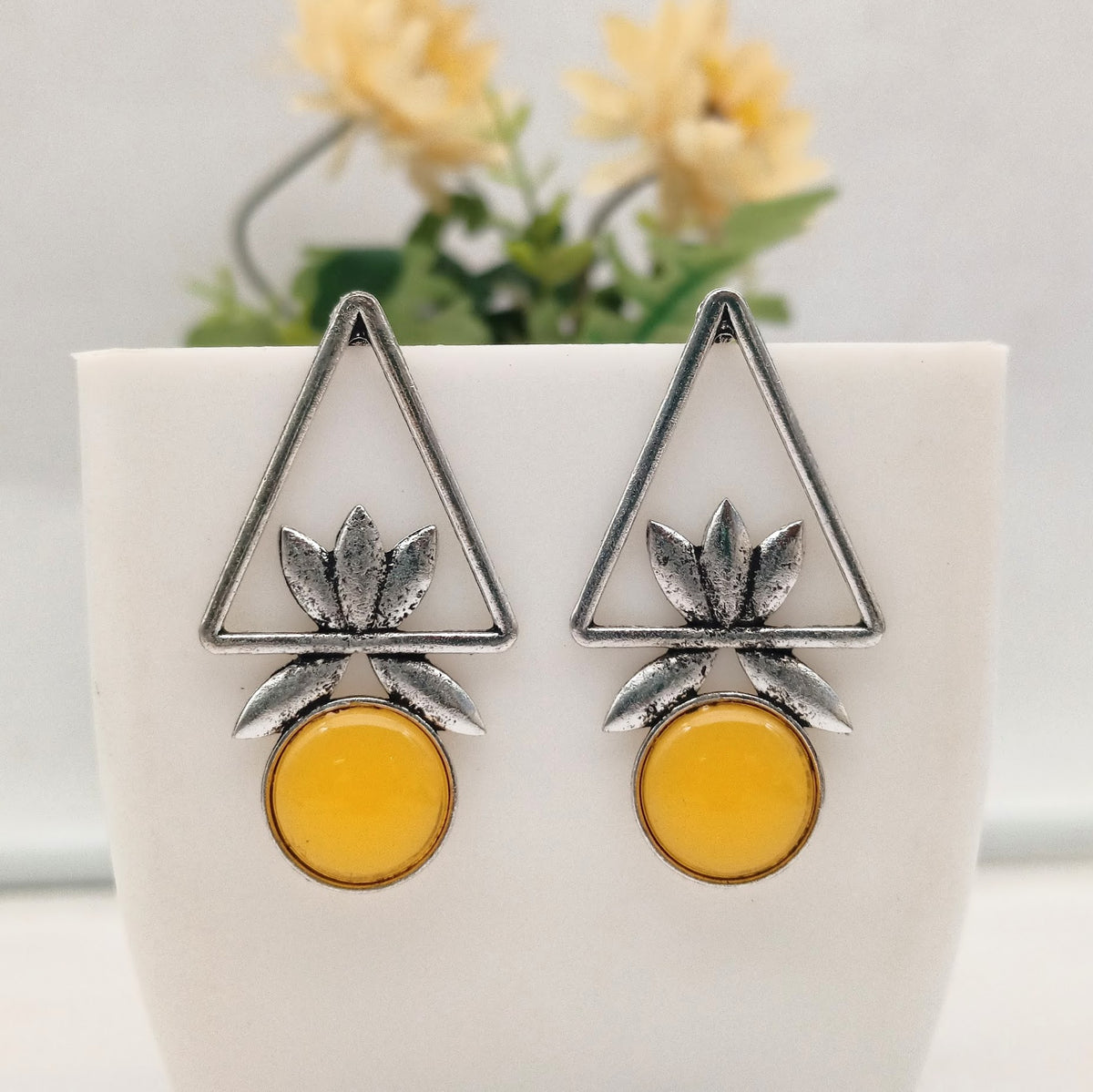 Yellow Color Triangle Floral Design Silver Oxidised Exclusive Earrings