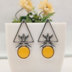 Yellow Color Triangle Floral Design Silver Oxidised Exclusive Earrings