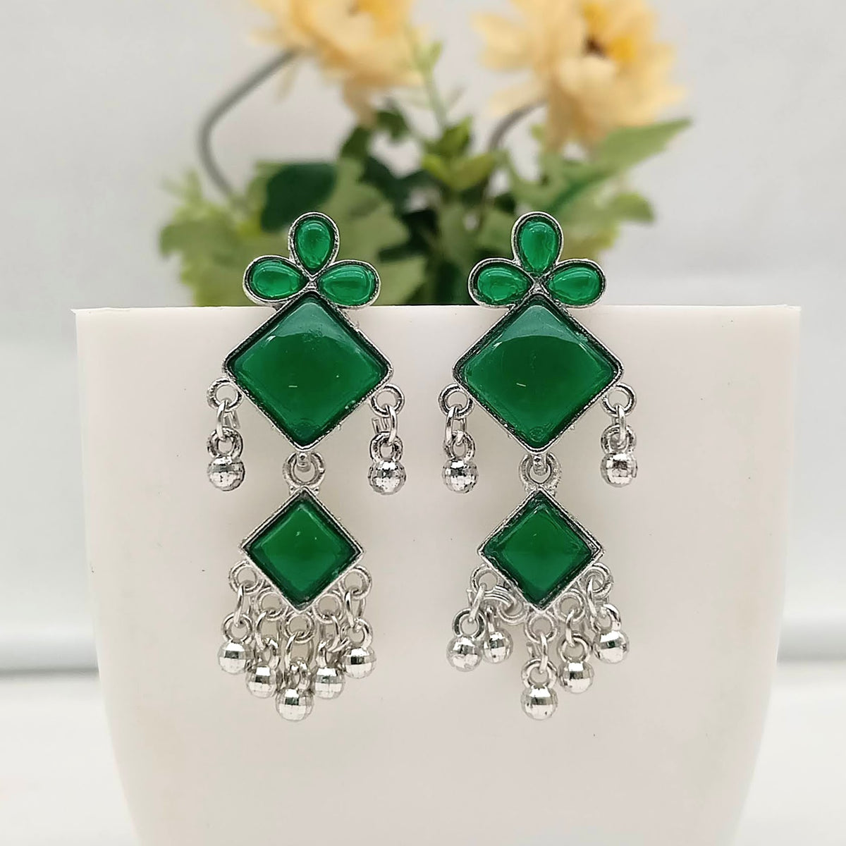 Green Color Floral Design Silver Oxidised Exclusive Earrings