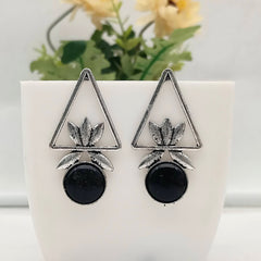 Black Color Triangle Floral Design Silver Oxidised Exclusive Earrings