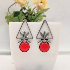 Red Color Triangle Floral Design Silver Oxidised Exclusive Earrings