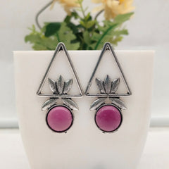 Dark Purple Color Triangle Floral Design Silver Oxidised Exclusive Earrings