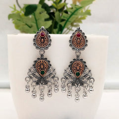 Pink & Green Stone Trending Silver & Golden Oxidised Earrings