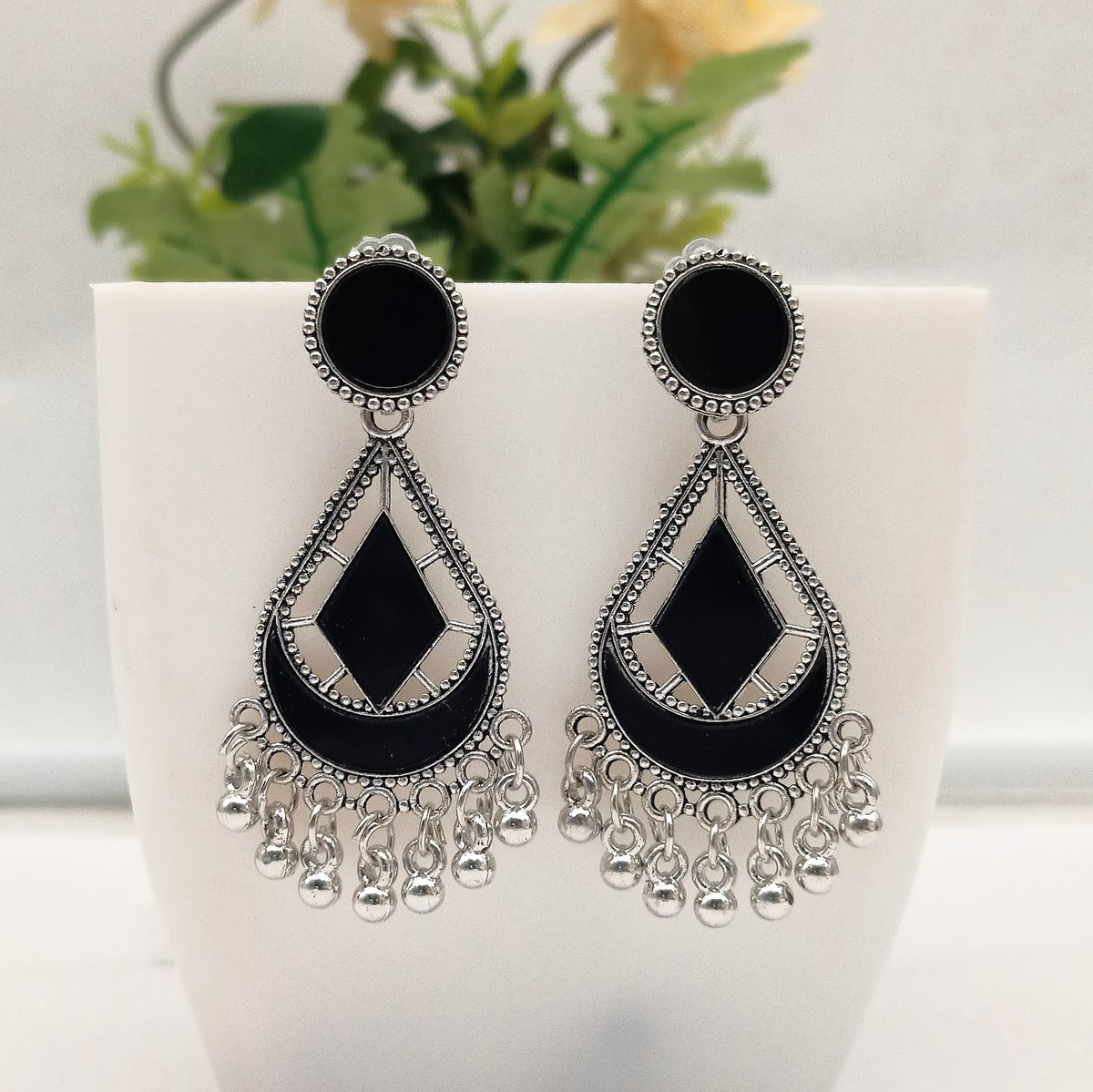 Diamond Chaandbali & Round Shape Black Mirror Silver Oxidised Earrings