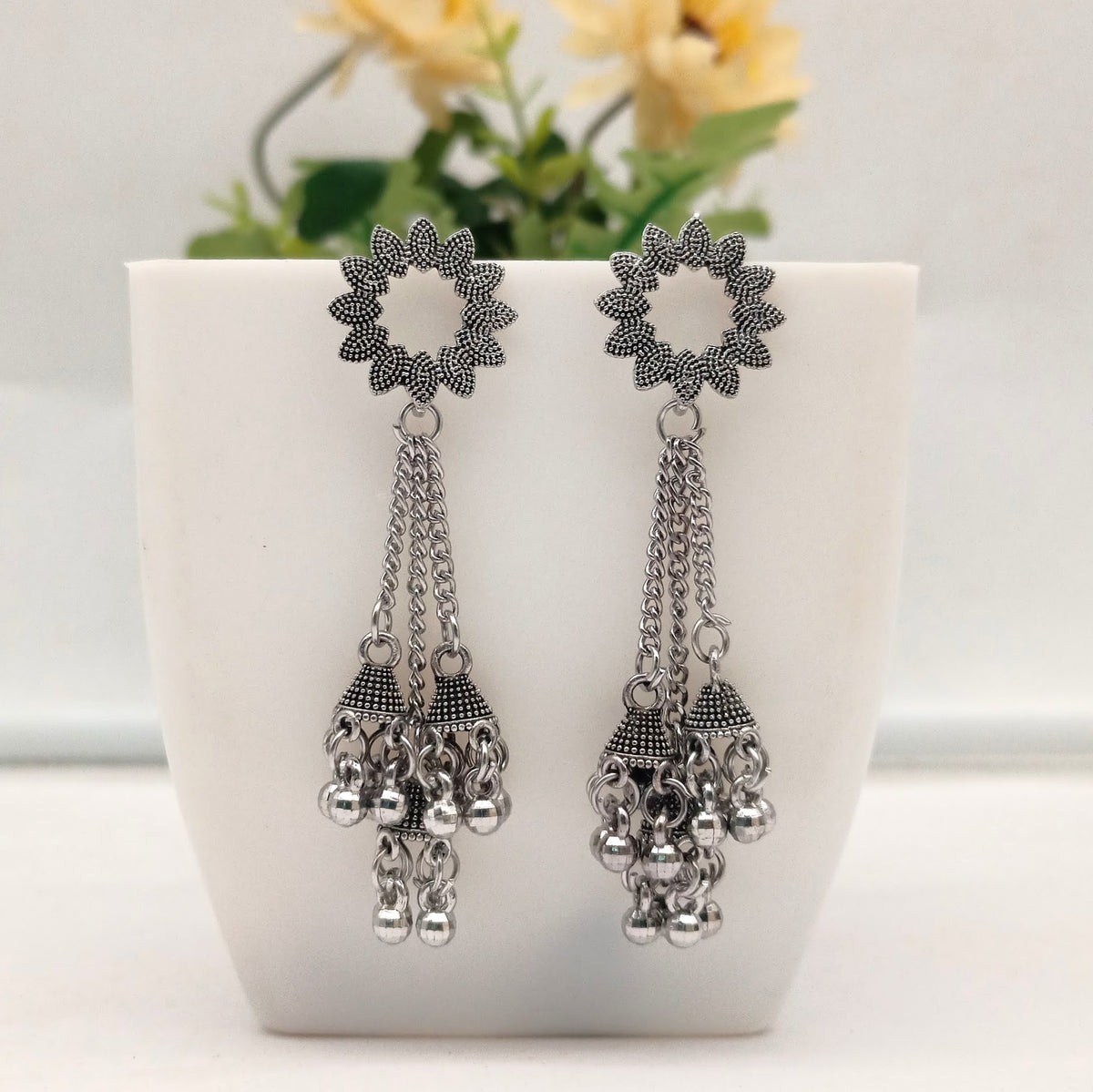 Triple Jhumka Beads Floral Stud Silver Oxidised Earrings