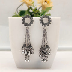 Triple Jhumka Beads Floral Stud Silver Oxidised Earrings