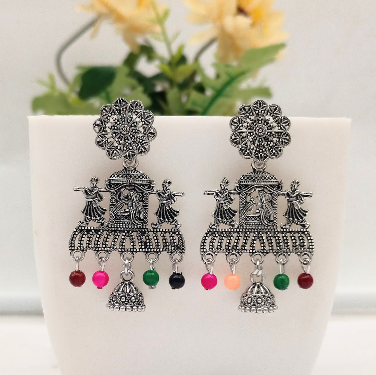 Doli Design Drop Jhumka Multicolor Beads Stud Silver Oxidised Earrings