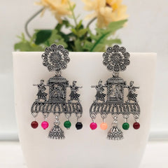 Doli Design Drop Jhumka Multicolor Beads Stud Silver Oxidised Earrings