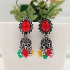 Multicolor Beads & Red Stone Jhumka Silver Oxidised Earrings
