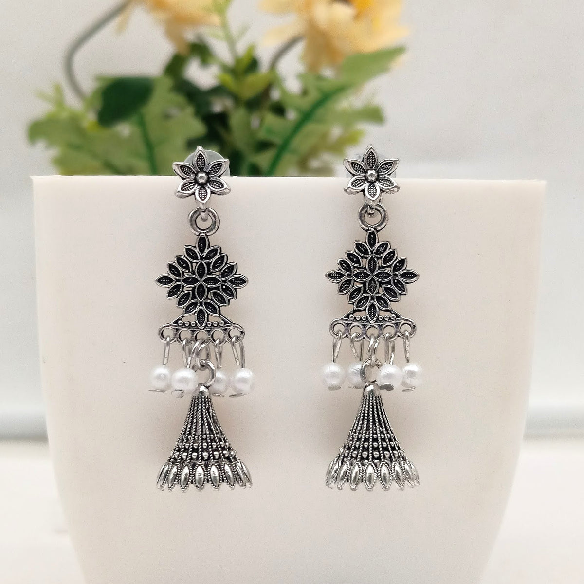 Flower Stud Drop Unique Jhumka Style Silver Oxidised Earrings