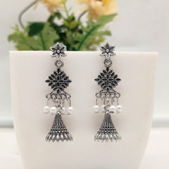 Flower Stud Drop Unique Jhumka Style Silver Oxidised Earrings