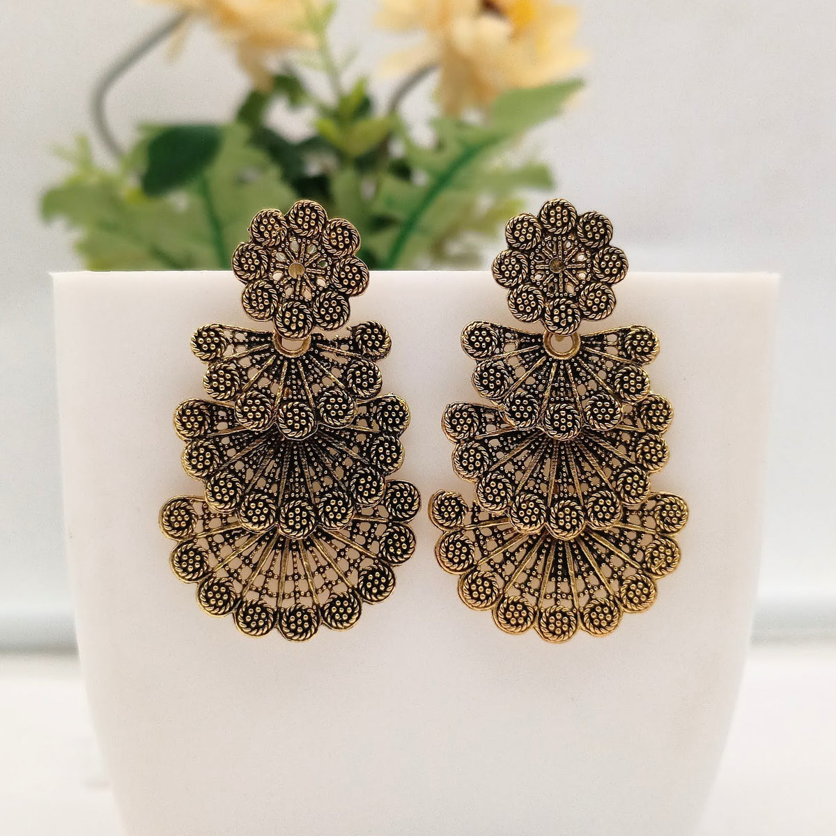 Tiny Flower Design Golden Oxidised Earrings