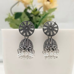 Drop White Beads Cute Jhumka Silver Oxidised Earrings