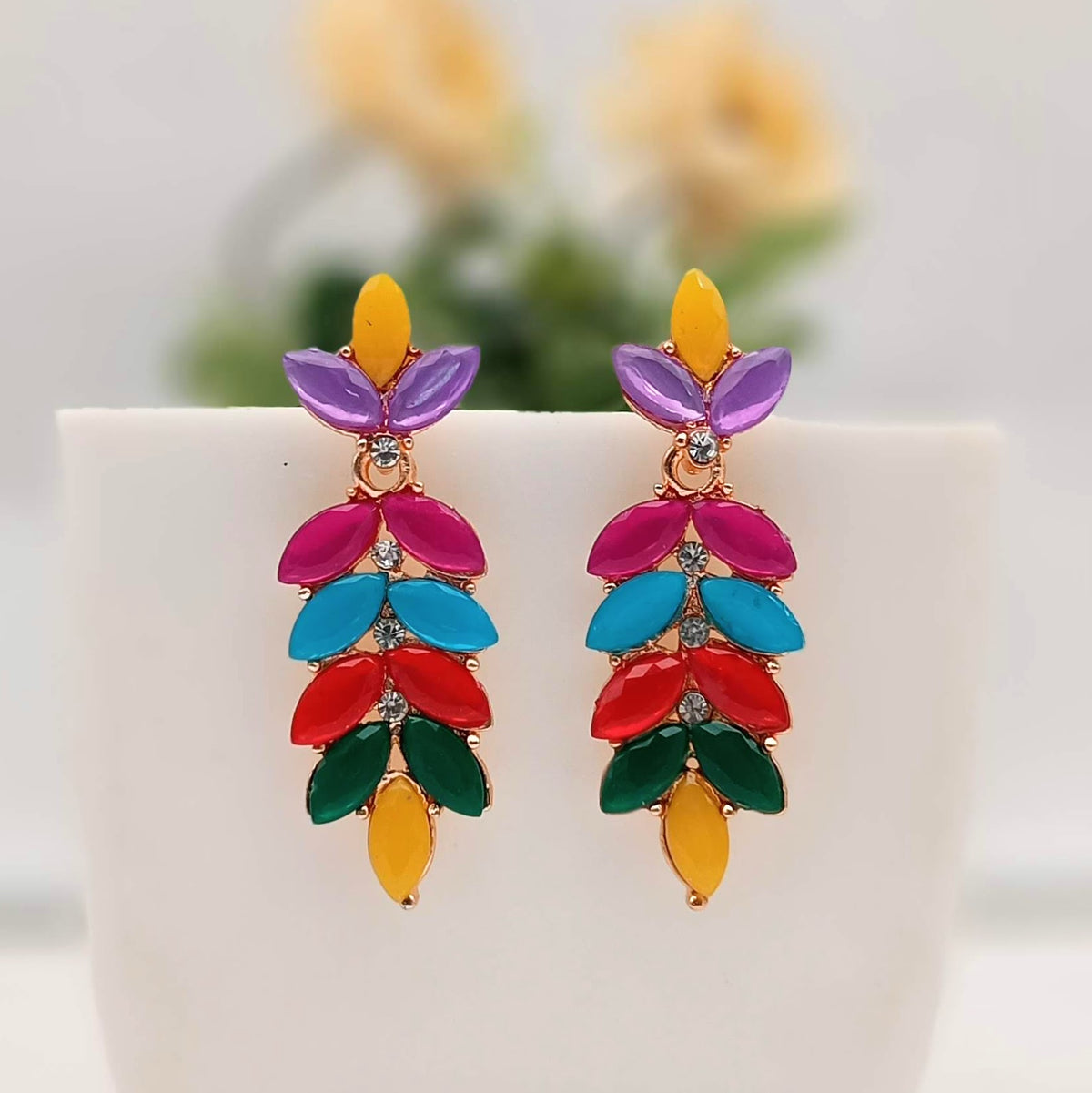 Mulitcolor Stone Studded Leafs Design Golden Earrings