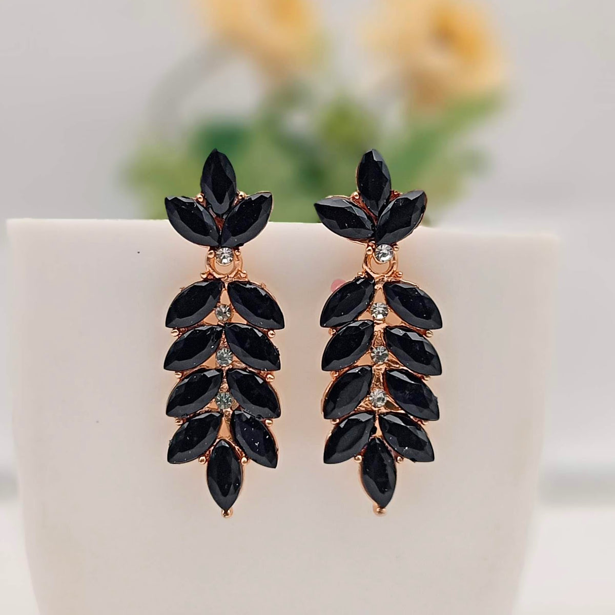 Black Stone Studded Leafs Design Golden Earrings