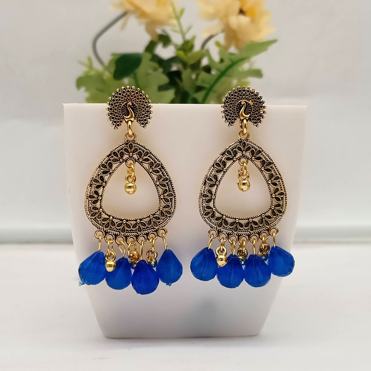 Blue Color Drop Beads Golden Beautiful Oxidised Earrings
