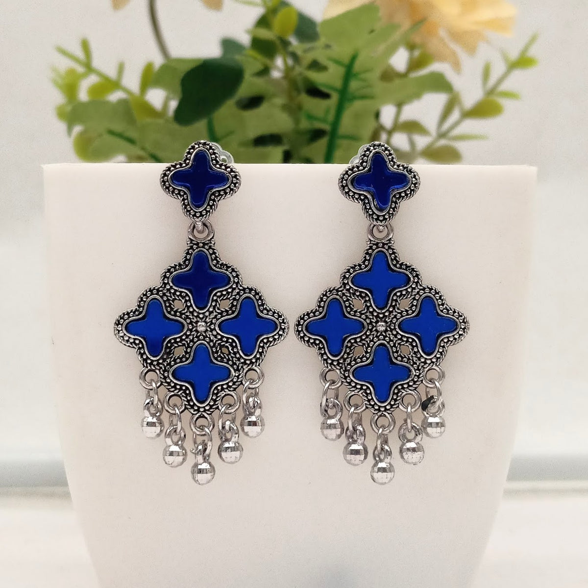 Blue Color Star Design Mirror Silver Classic Oxidised Earrings