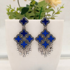 Blue Color Star Design Mirror Silver Classic Oxidised Earrings